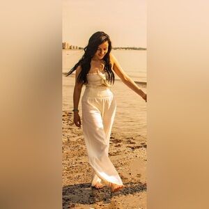 Soft Cream Linen Summer Set - Wide Leg Pant & Bandeau-style Top